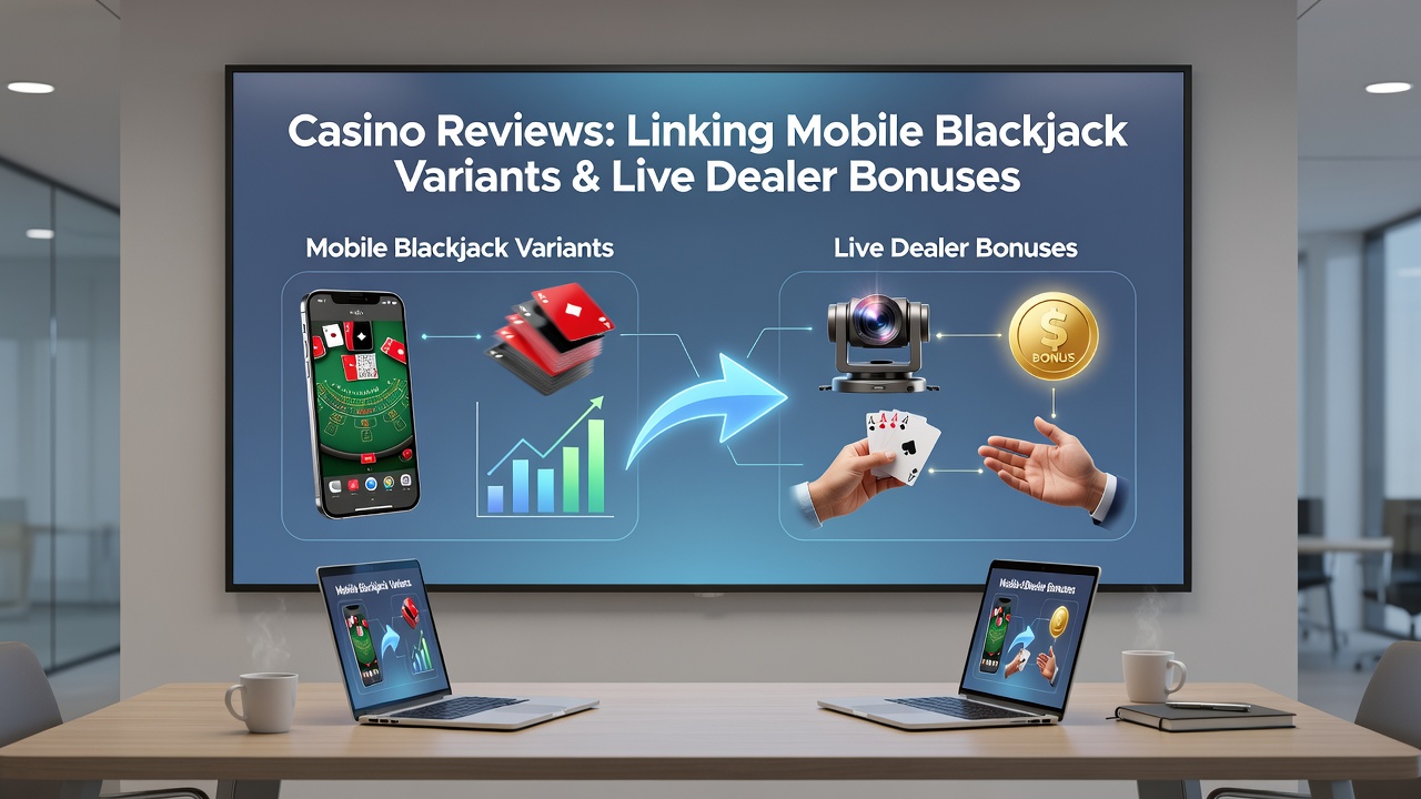 Split view of mobile blackjack interface and live dealer table with overlaid bonus terms