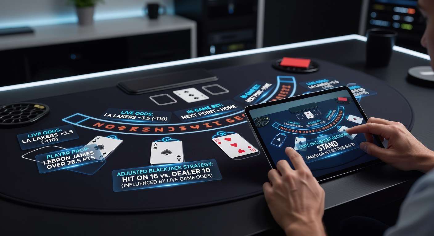 Digital graphic showing intertwined sports betting odds charts and blackjack tables, highlighting probability overlaps in online casino interfaces