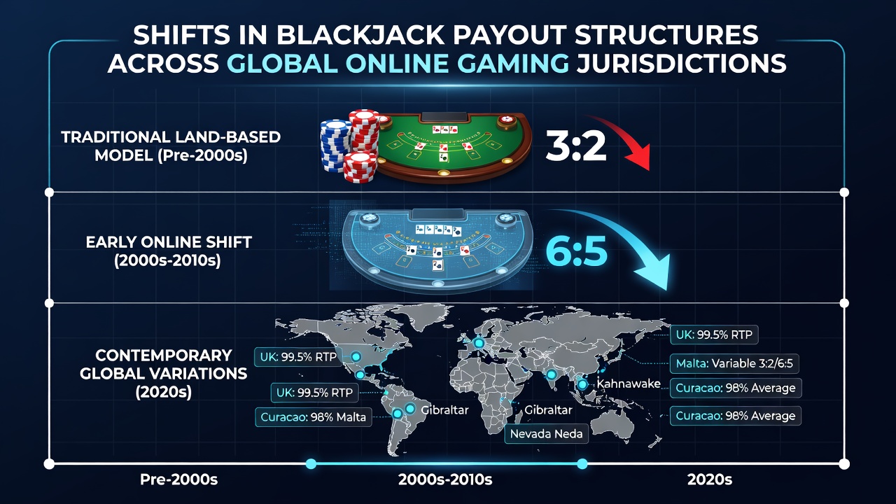 Comparison chart of blackjack payout ratios in major online gaming regions